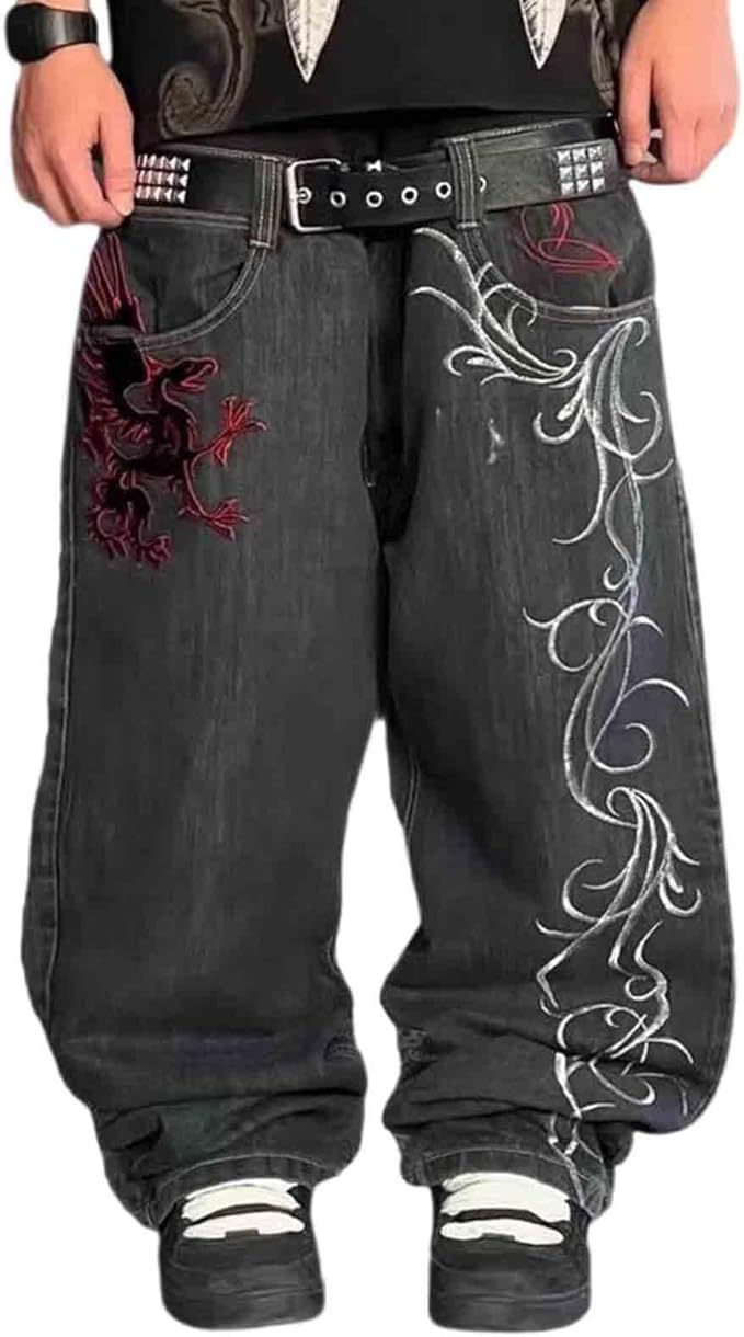 Men's Clothing Men's Dark Gothic Style Retro Straight Leg Jeans High Street Embroidered Pants For Formal & Casual_mkmklike.com
