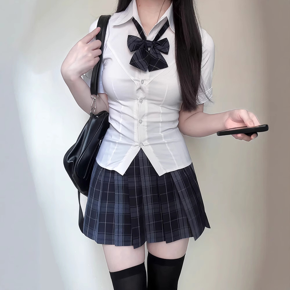 가시 토끼 원래 JK [후이] 격자 스커트 높은 허리 개 짧은 격자 스커트 탄성 허리 셔츠 세트 여성