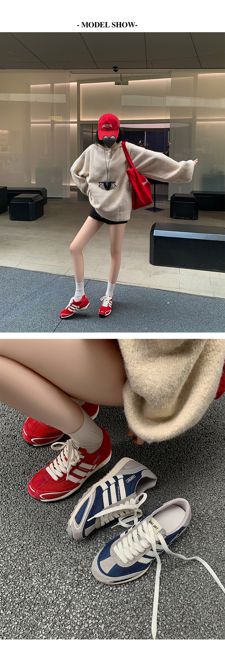 Giày sneaker nữ đế dày phong cách retro cổ điển, tăng chiều cao nhẹ, thoáng khí — xanh lam, màu đỏ chi tiết 3
