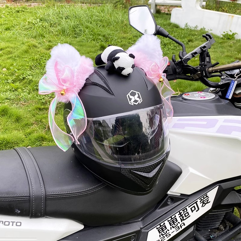 Creative Cute Streamer Pink White Cat Ear Helmet Decoration Motorcycle Electric Car Helmet Ski Helmet Small Accessories