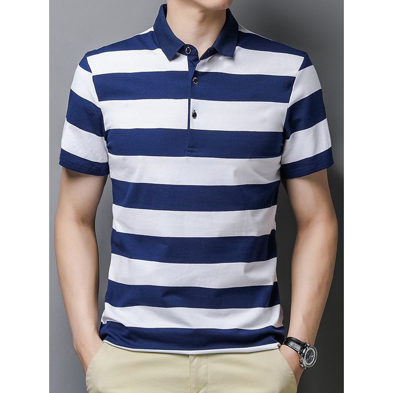 [Puede abrirse] polo de algodón a rayas de hombre ligero de negocios T-shirt de manga corta con collar a rayas elásticas