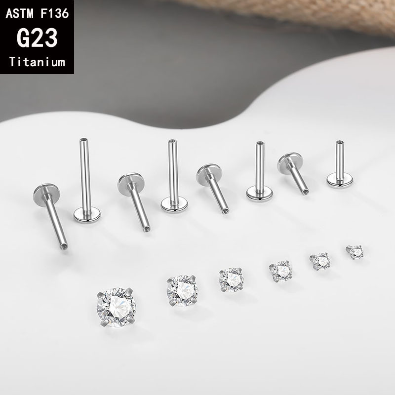 G23 Titanium Four-Claw Inlaid Zircon Inner Tooth Lip Nail Internal Thread Ear Stud, 1.2mm x 14mm, 8mm Top detail image 14