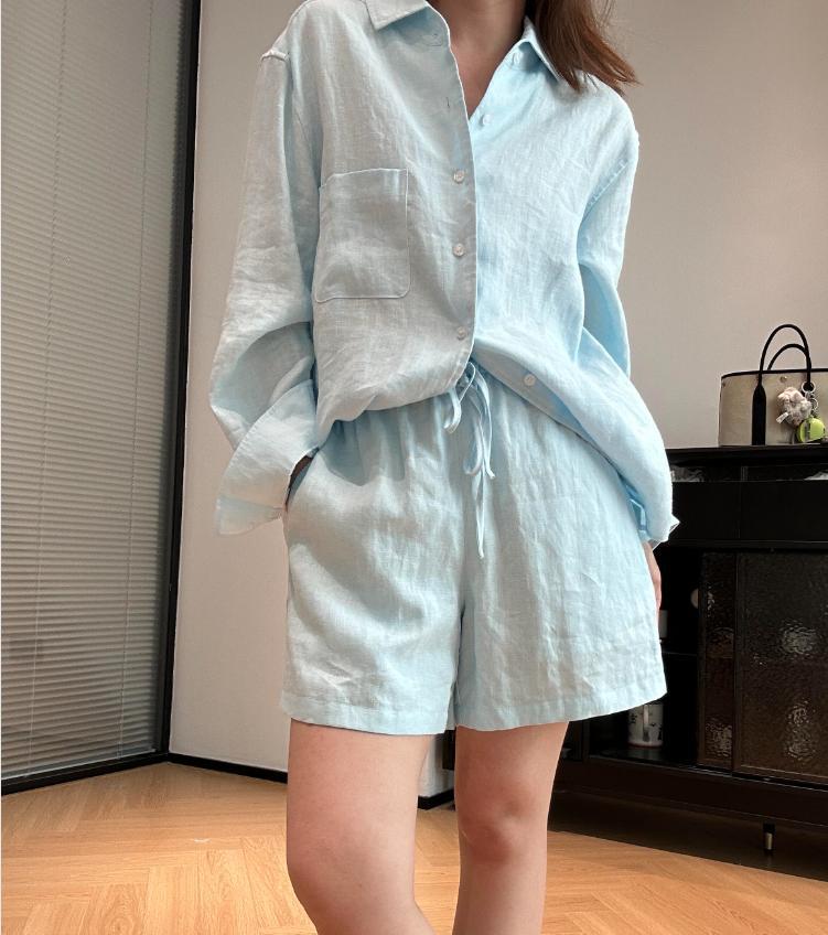 Quần short nữ vải lanh nhập khẩu thiết kế viền tua rua có lót dáng chữ A — xanh lam, màu trắng chi tiết 5