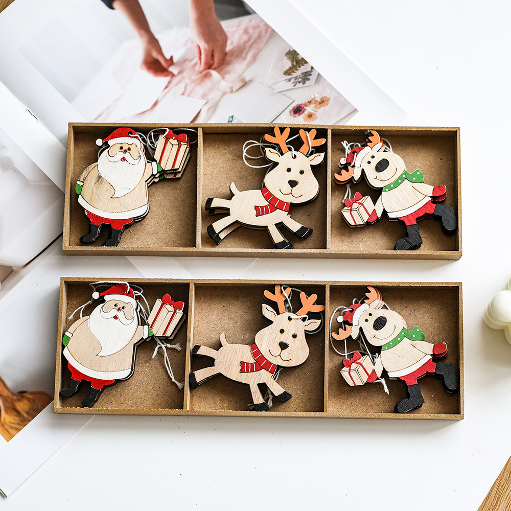 Alce colgante de madera dibujos animados viejos árbol de Navidad colgante muñeco de nieve caja de madera creativa decoración navideña transfronteriza