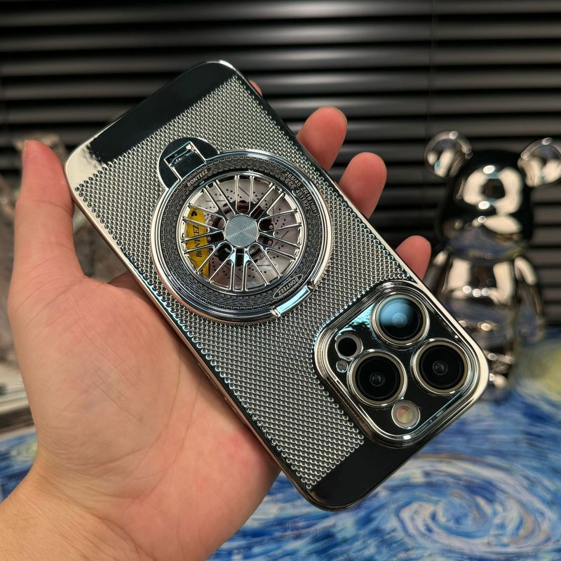 メッキ放熱ケースはiPhone16携帯ケース回転ジャイロ磁気吸引スタンドリンゴ15promaxハード防止に適している|undefined