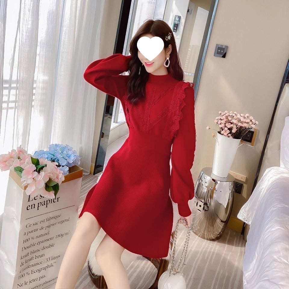 直销.针织a字裙连衣裙2021新款秋冬中长款气质显瘦高腰半高领加厚