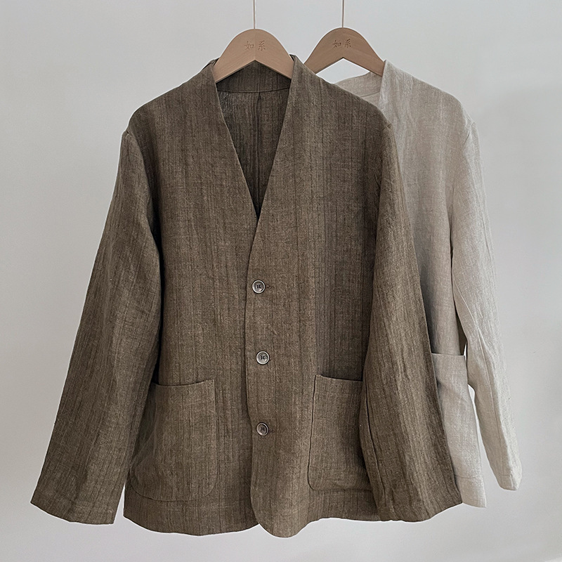 Selected Hemp Fiber Shoulder Pads, Contrasting Color Buttons, Simple Right Shoulder Collarless Suit, Men's Casual Jacket, Spring & Fall