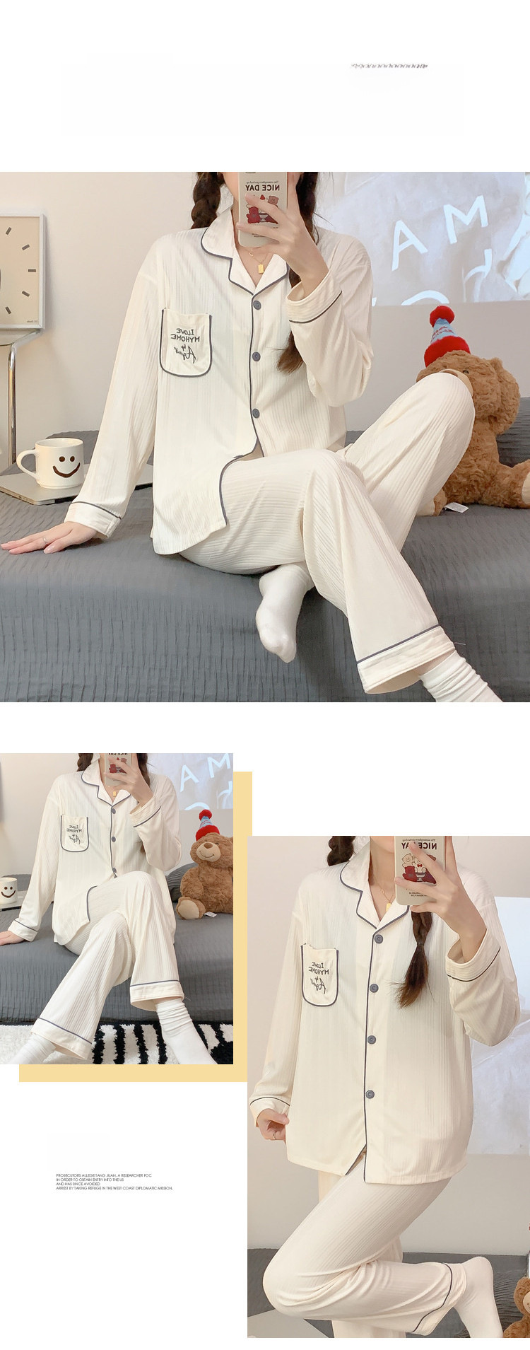 Sweet cartoon embroidered bear girl sweet spring and autumn long-sleeved trousers cardigan milk silk pit foreign trade suit_voghion.com