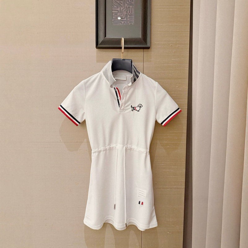 Nanyou Puppy Embroidery College Style Polo Collar Dress with Striped Drawstring Waist Short-Sleeve Casual Sports Short Dress
