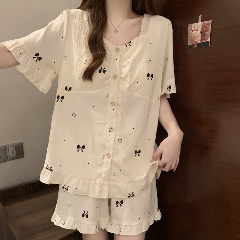 Cloud Cotton Pajamas Women's Summer New Short Sleeve Shorts Cotton Yarn Sweet Bow with Chest Pad Outer Wear Home Clothes Cloud Cotton Pajamas Women's Summer New Short Sleeve Shorts Cotton Yarn Sweet Bow with Chest Pad Outer Wear Home Clothes