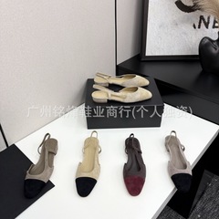 2025夏季新款真皮圆头拼色低跟凉鞋时尚百搭舒适一脚蹬外穿女凉鞋