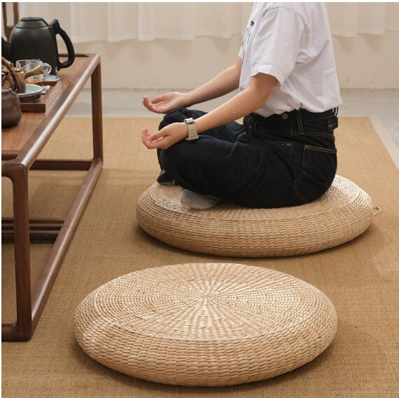 Japanese-Style Thickened Straw Woven Futon Tea Ceremony Cushion, Floor Meditation Cushion, Home Tatami Window Seat Cushion