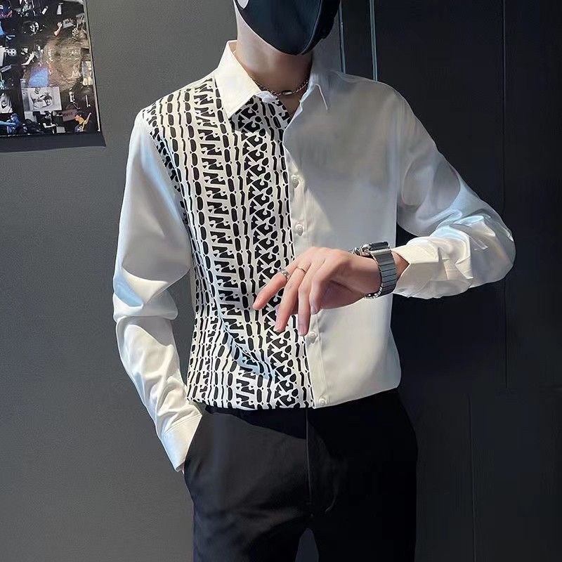 Stylish Elastic Color-Block Fashion Men's Shirt, Hairstylist's Trendy Long-Sleeve Shirt for Spring and Autumn, Men's Trendy Design