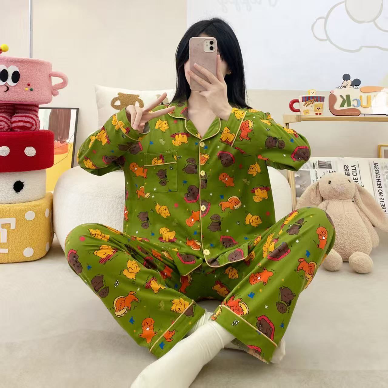 Algodón al por mayor transfronterizo otoño y invierno 180 gramos con solapa pajamas caseros cardigans pantalones de manga larga lindos sueltos
