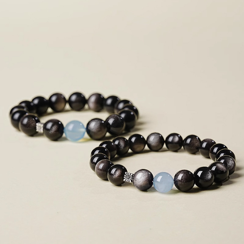 天然黑曜石手串輕奢高級感耀石巴西魔鬼藍海藍寶串珠手鍊男女手飾