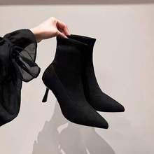 细跟短靴烤漆跟冬网红女单靴瘦瘦靴绒面高跟尖头新款韩版百搭短筒