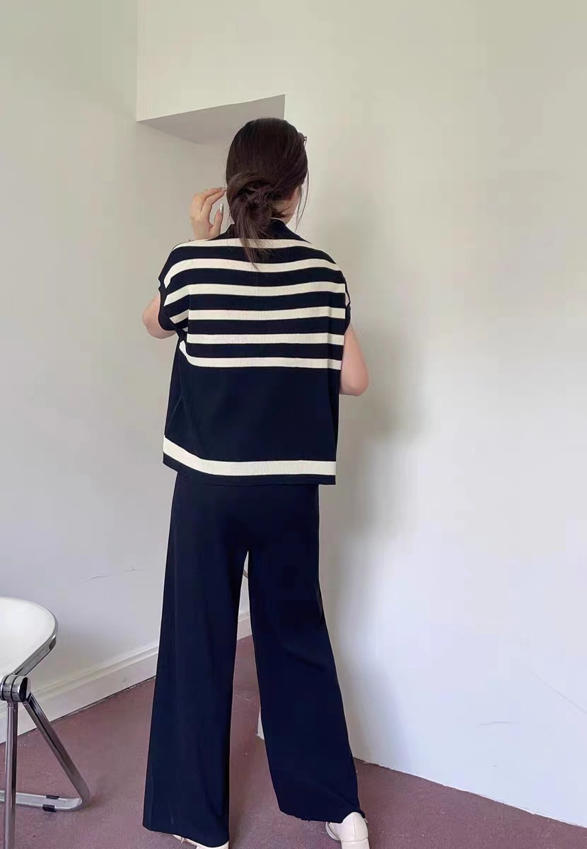 420g Weight Short Sleeve Sleeve Length Viscose fiber Fabric Type Pant Co-ord Set Sets Type 2 Pieces Set Quantity Daily Occasion Round Neck Neckline Regular Fit Fit Type Stripe Pattern Spring Season Women's Gender Elegant Style Daily Women's Elegant Stripe Viscose Fiber Pant Co-ord Set Pants Sets 1