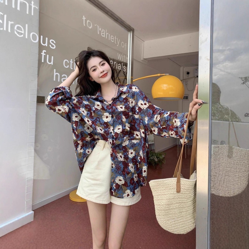 Retro Hong Kong Style Floral Shirt Women's Long-Sleeved Spring and Autum New Tops Loose Casual Bf Style Salt Floral Shirt