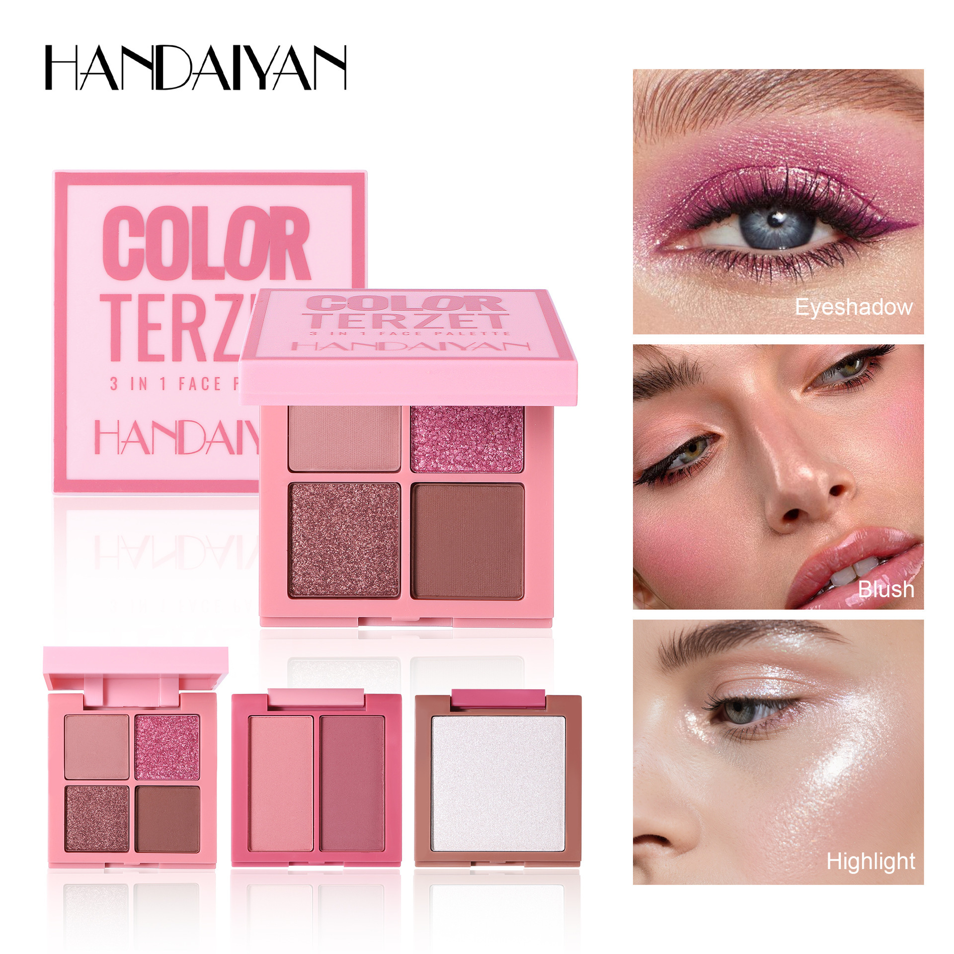 Transfronterizo HANDAIYAN blush de ojos de alto brillo trío en una bandeja de maquillaje multipropósito bandeja de maquillaje facial multipropósito