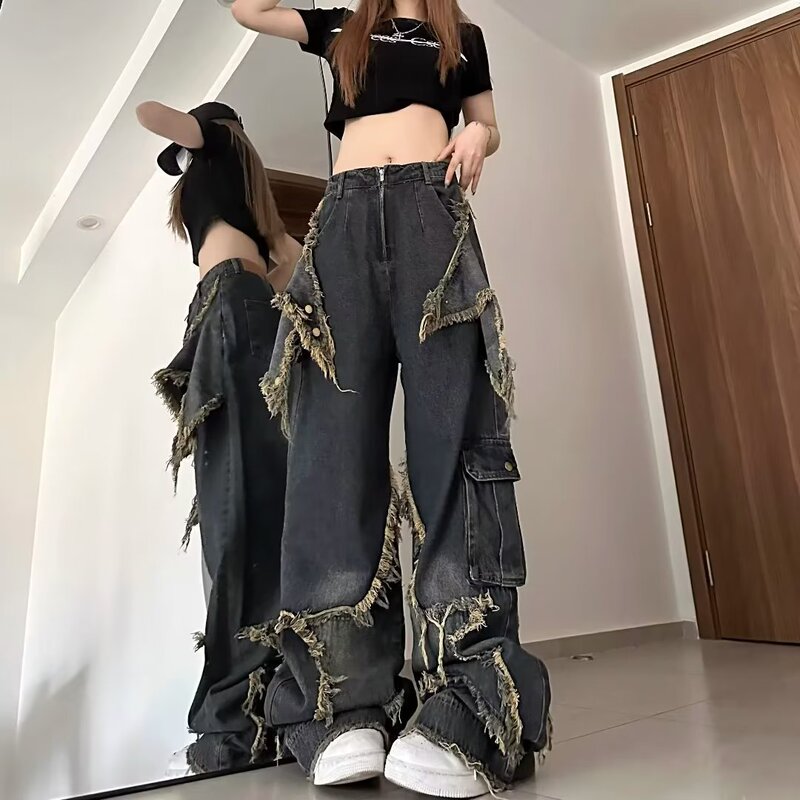 2024 Dark Retro Straight-Leg Leg Wide Leg Pants Star Design Raw Edge Floor-Mopping Pants High Waist Loose Street Jeans