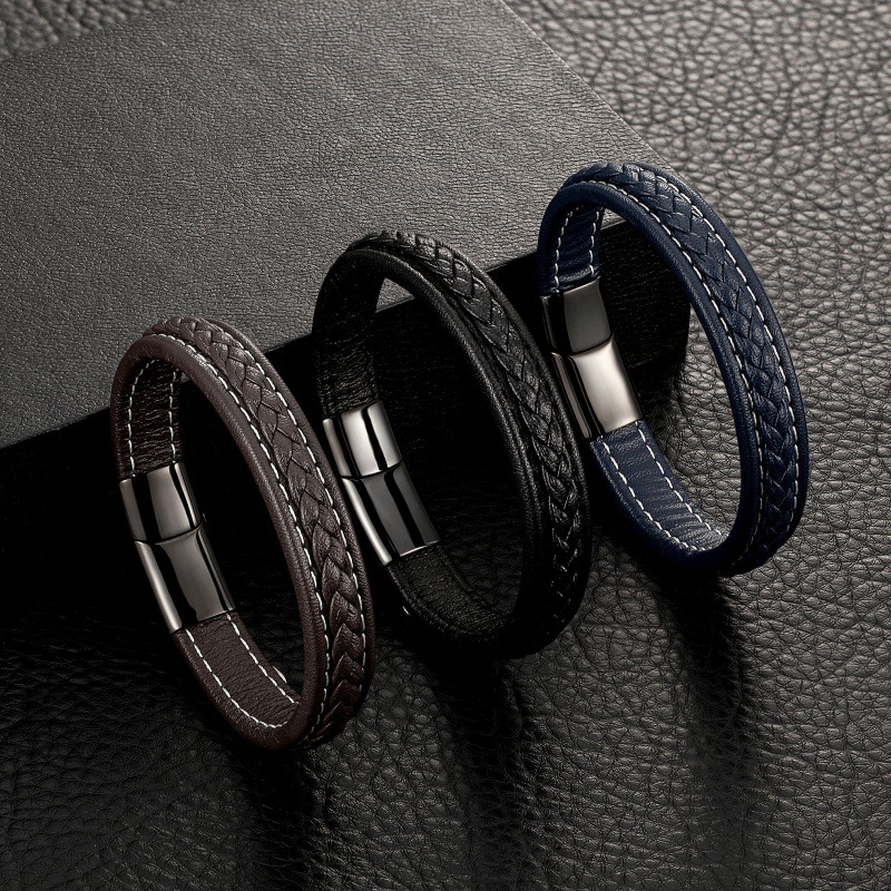 Bracciale in pelle con incisione, fibbia magnetica in acciaio inossidabile, bracciale in pelle di mucca intrecciata, semplice braccialetto da uomo, incisione fai da te_voghion.com