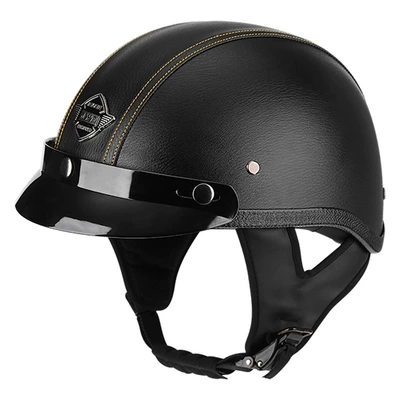 Motosiklet kaskı (dəbilqə) — 3C certification Four Seasons men's and - black-leather-pattern-with-yellow-line-brim-m56-57cm