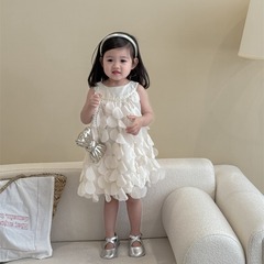 韓版童裝2024新款春夏女童連衣裙洋氣女寶寶花瓣裙兒童無袖背心裙