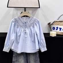 女童衬衫休闲上衣2025洋气长袖衬衣蕾丝中大童设计春秋新款感拼接