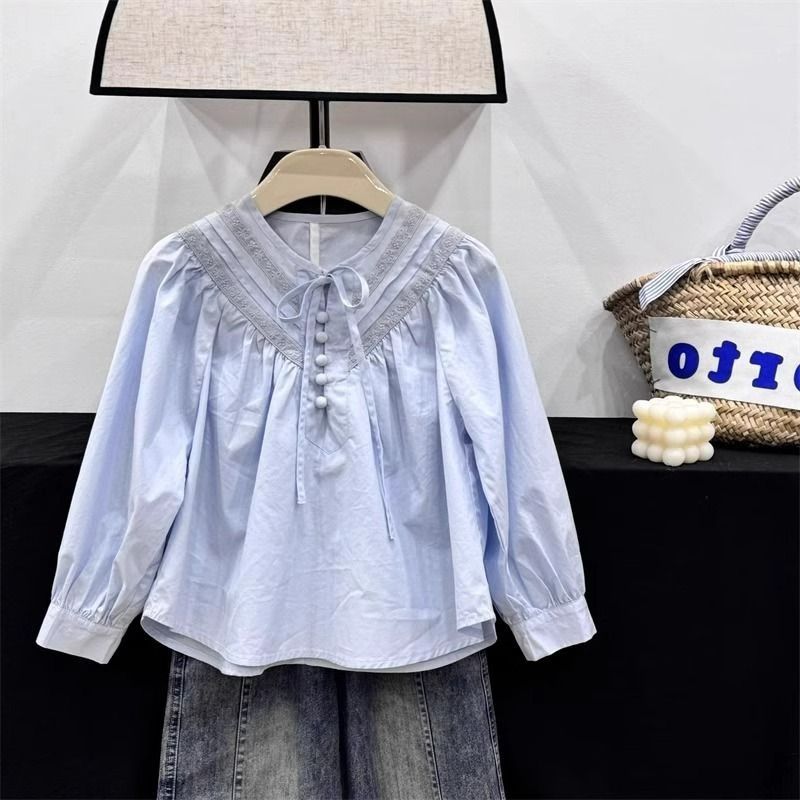 女童衬衫休闲上衣2025洋气长袖衬衣蕾丝中大童设计春秋新款感拼接