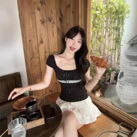 白色波点蝴蝶结上衣女夏薄款短袖泡泡袖短款小个子夏季纯欲辣妹