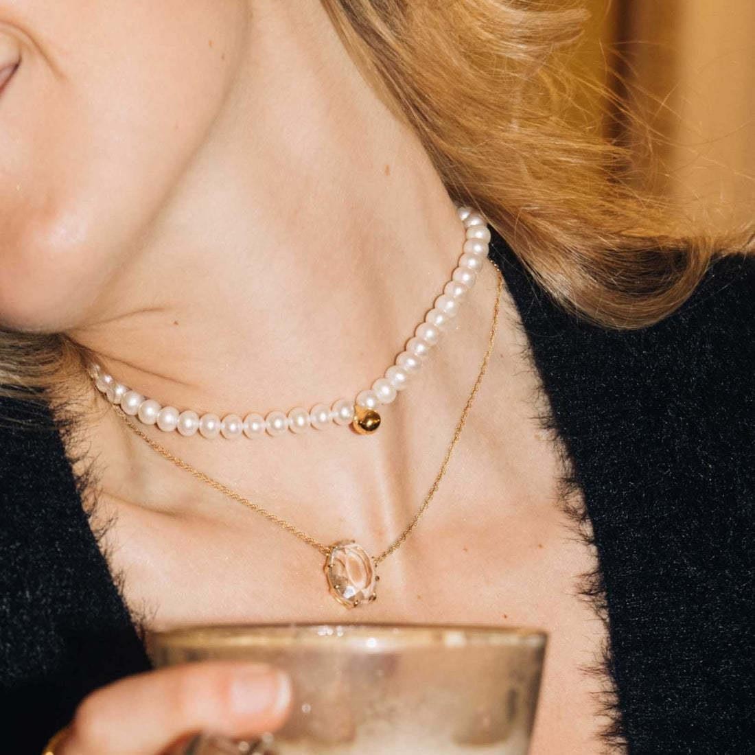 Elegant Round Titanium Steel Beaded Artificial Pearls Necklace