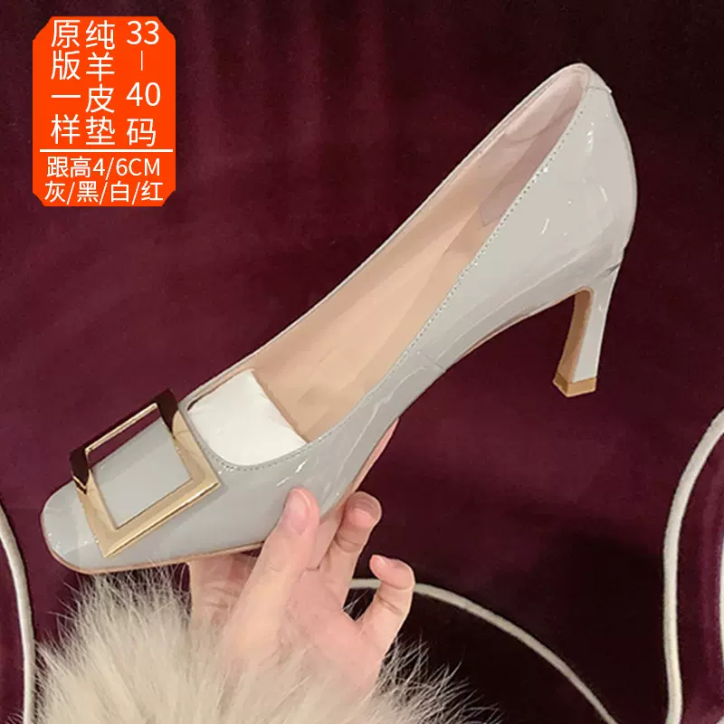 方扣单鞋女2025年春季法式复古浅口方头细跟大象灰职业通勤高跟鞋