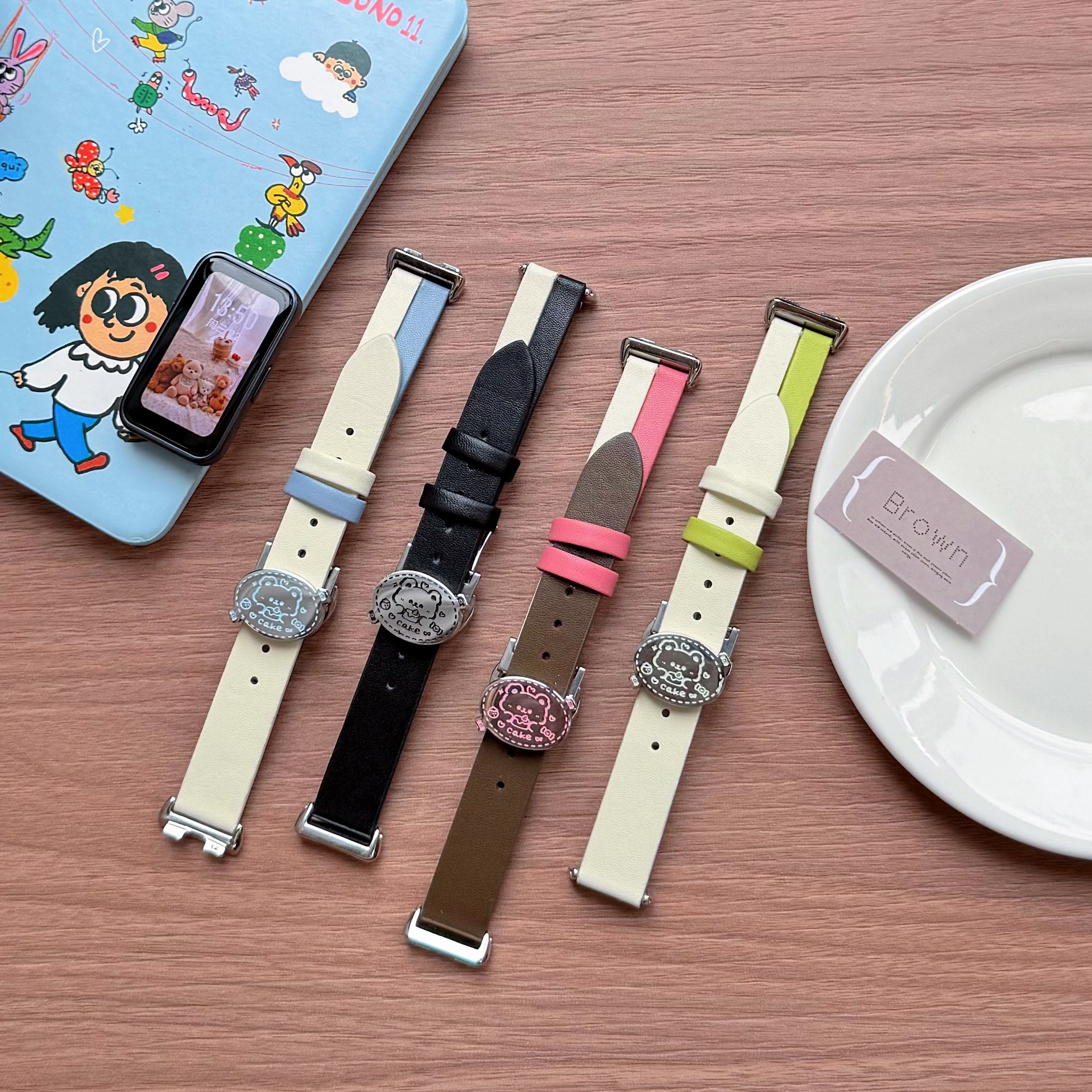 New Ins Atmosphere Color Matching Cake Bear Butterfly Buckle Leather Suitable for Huawei 910 Xiaomi Apple Iwatch11