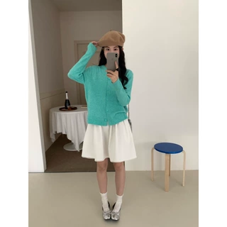 韩系风显白克莱因蓝单排扣圆领六色针织衫2026纯色百搭开衫女装