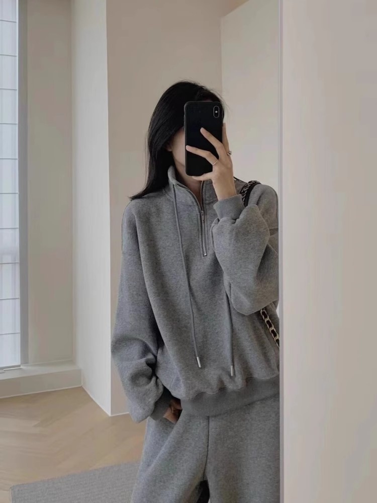 Tuta sportiva casual in cashmere ActiveGo Lazy Style per donna, felpa con collo alto e gamba larga, foderata in pile, calda per autunno e inverno_voghion.com