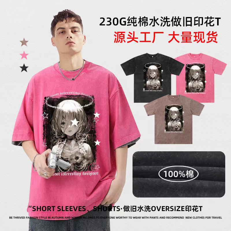 230g impresión camiseta de manga corta para hombres verano nuevo cuello redondo suelto oversize americano vintage in camiseta de moda