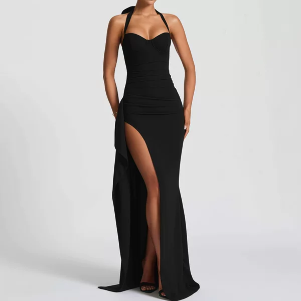 2025 Summer European and American Ins Style Women's Evening Dress Long Dress Fashionable Sexy Lace-Up Backless High Slit Dress
