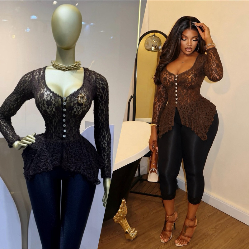 European and American cross-border women's clothing 2026 autumn new sexy and elegant hollow lace irregular long-sleeve shirt T-shirt for women European and American cross-border women's clothing 2026 autumn new sexy and elegant hollow lace irregular long-sleeve shirt T-shirt for women