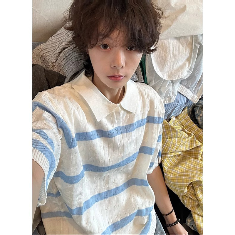 美式学院风蓝白条纹polo衫t恤男夏冰丝针织短袖cleanfit情侣半袖