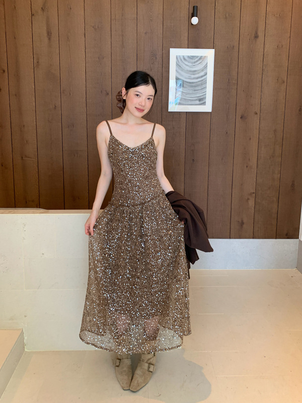 诠释美 NEWOPEN 25秋法式名媛礼服重工镂空亮片吊带连衣裙女F6552|undefined