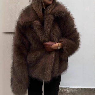 Brown imitation fur fur long-sleeved loose coat 2025 European and American cross-border autumn and winter fashion temperament lapel versatile