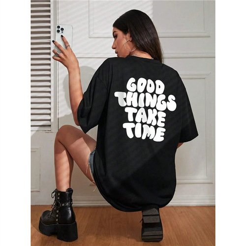 Ocode Cotton TGood Things Take Time Art Letter T-Shirts Women Fashion