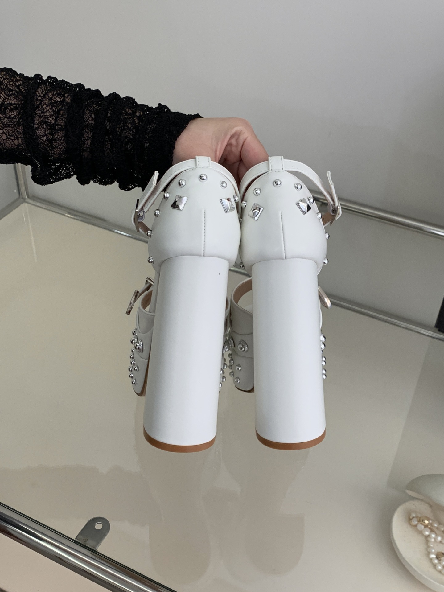 Sandal cao gót nữ hở mũi đính đá, quai một chữ, gót 14,5 cm, đế platform — màu đen chi tiết 8