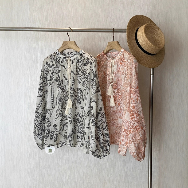 Beautiful! Like an Artwork, the Designer's Breath ~ Loose and Cool Linen Printed Lace-Up Shirt