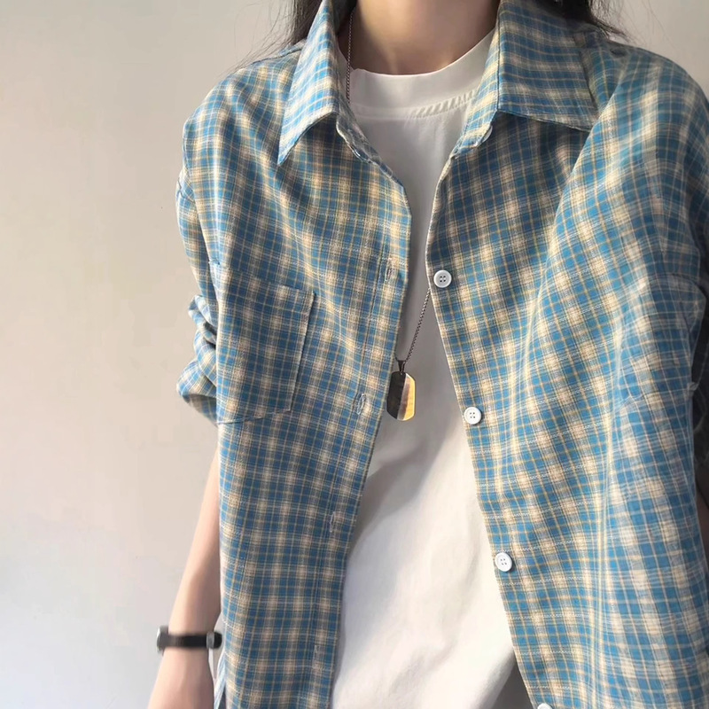 Autumn High-End Peacock Blue Plaid Shirt for Men and Women, Lazy Style Pattern Shirt, American Casual Couple Jacket