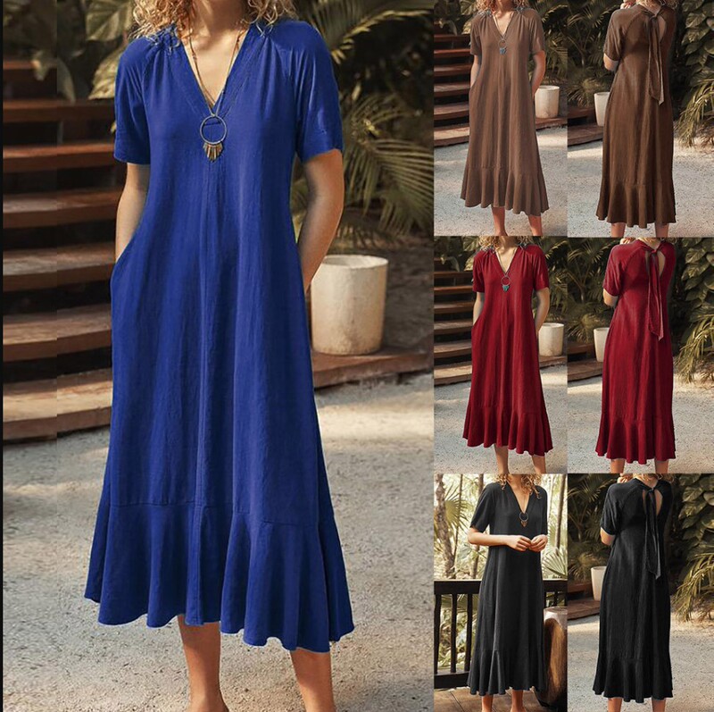 2023 Amazon Europe and the United States cross-border new explosions women's solid color V-neck lace-up short sleeve A- length dress