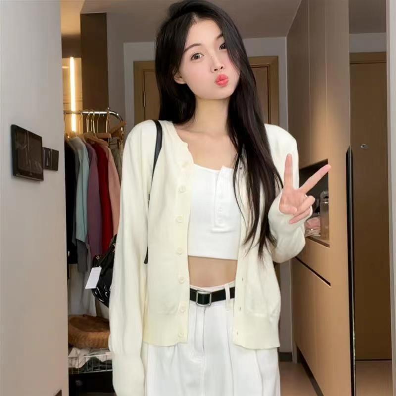 丸首メリヤスセーター女性2025春装新型ゆるいカーディガン高級感長袖春秋上着|undefined