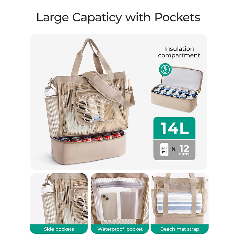 Amazon nuevo bolso de playa con cremallera bolso de playa a prueba de arena de varios bolsillos para mujer plegable y ligero