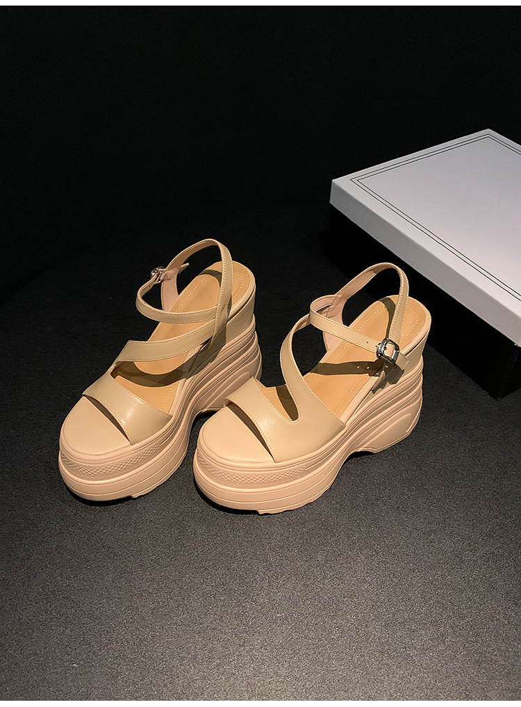 Sandal cao gót nữ hở mũi đế xuồng platform da bò thật, gót 12 cm, phong cách La Mã — màu đen, màu trắng, màu mơ chi tiết 16