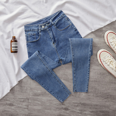 实拍高腰牛仔裤女小脚裤双扣新款复古弹力显瘦修身九分紧身铅笔裤